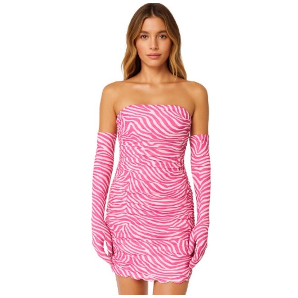 New!‎ Miscreants Cupid Mini Dress & Oprah Gloves Pink Zebra Sz Medium